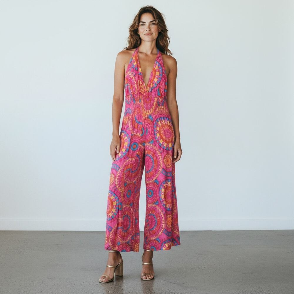 Vtg 80s Vasna Desire Pink Psychedelic Circular Pattern Wide Leg Jumpsuit Sz M